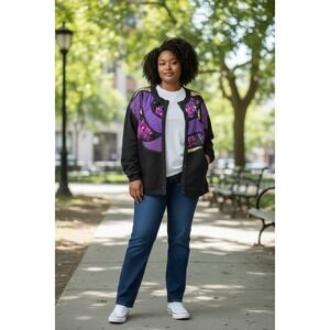 Cheetah Womens XXL Vintage Patchwork Fleece Jacket Black Purple Floral Gold Zip